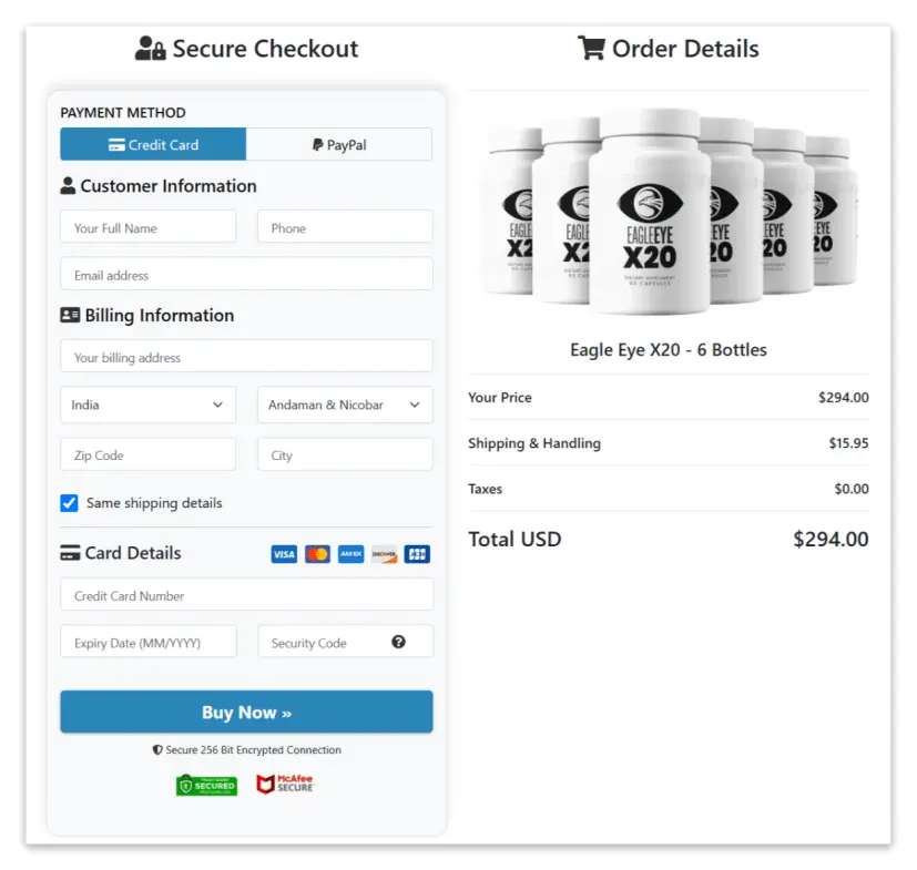 Eagle Eye X20 Secure Checkout Page